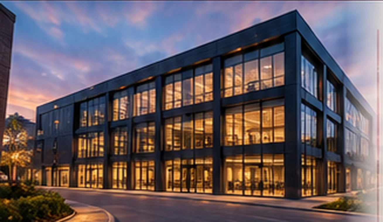 Three-storey commercial building lit at dusk